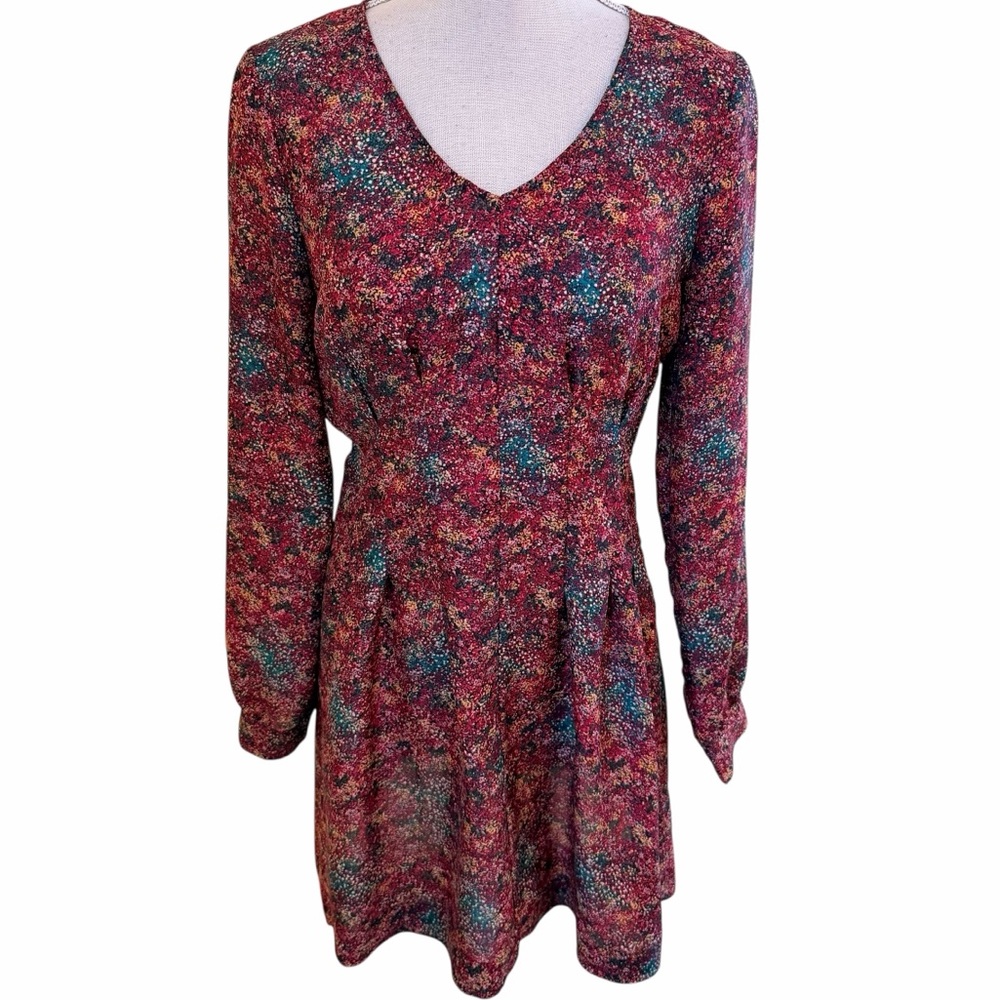 BCBGeneration Red Berry Multi Floral Long Sleeve Aline Mini Dress 6